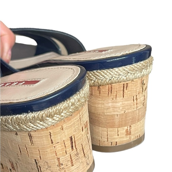 PRADA Platform Cork Wedge
Navy Blue Patent Leather
Sandals Sz EU 37.5 US 7.5 - Picture 11 of 15